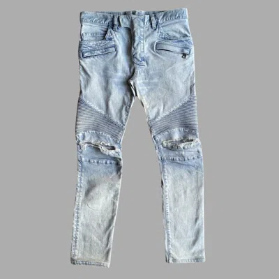 Pre-owned Balmain Ss15 Light Blue Biker Stretch Denim Jeans