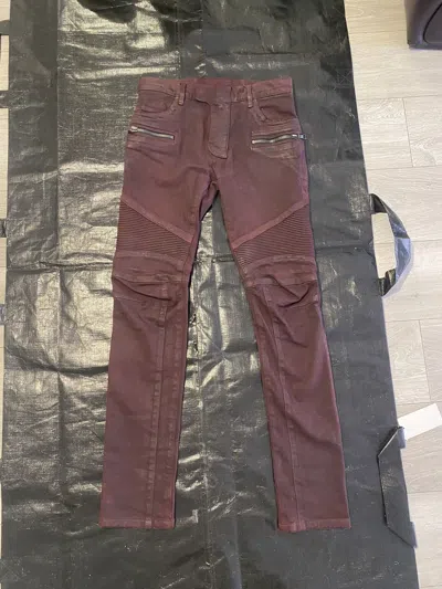Pre-owned Balmain Ss15 Ox Blood Waxed Biker Denim In Red