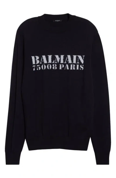 Balmain Stamp Logo Jacquard Merino Wool Sweater In Blue