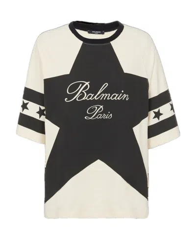 Balmain Stars Logo-print Cotton T-shirt In Beige