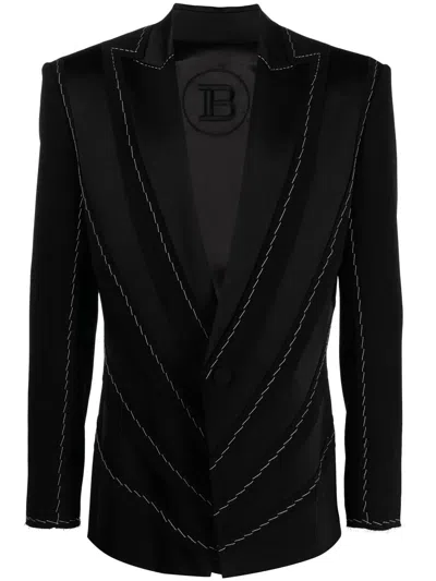 Balmain Stitch-detail Contrasting Panel Blazer In Black