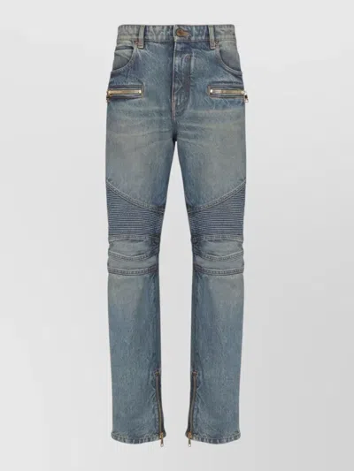 Balmain Straight Denim Jeans Belt Loops Ribbed Knees In Blue