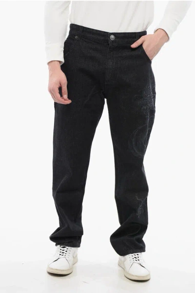 Balmain Straight Denims With Dragon Motif In Black