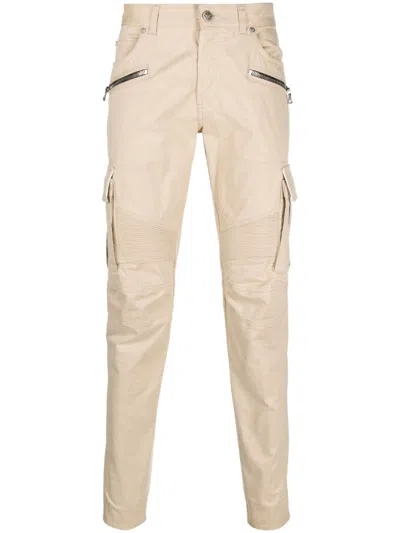 Balmain Zip-up Cotton Tapered Trousers In Neutrals