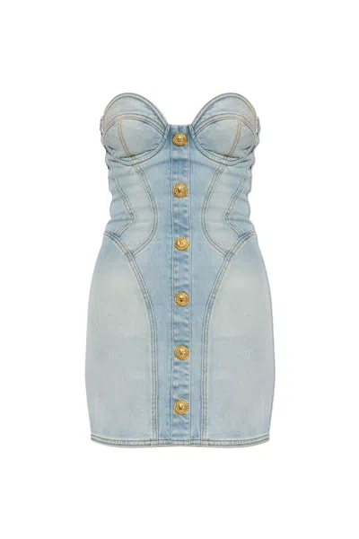 Balmain Strapless Mini Denim Dress In Bleujeanclair