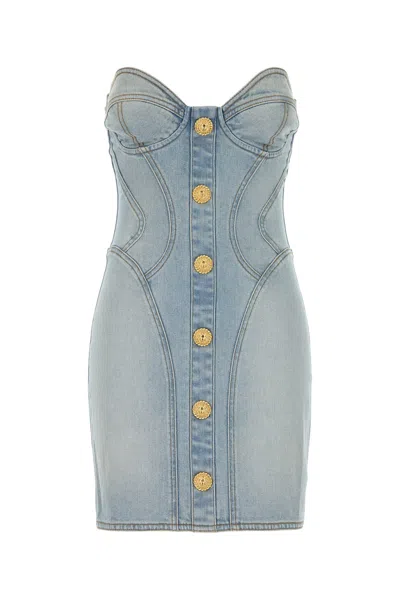 Balmain Strapless Mini Denim Dress In Bleujeanclair