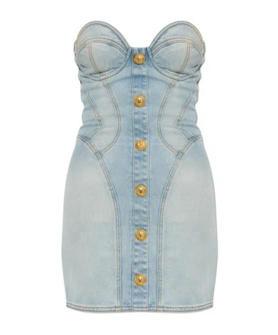 Balmain Strapless Mini Denim Dress In Bleujeanclair