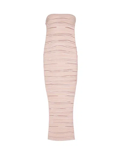 Balmain Strapless Dress In Shiny Rolled Knit In Pink