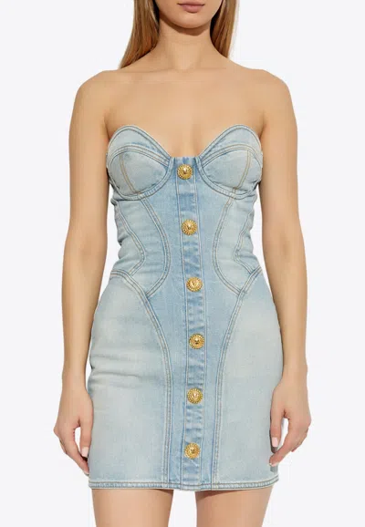 Balmain Strapless Mini Denim Dress In Bleujeanclair