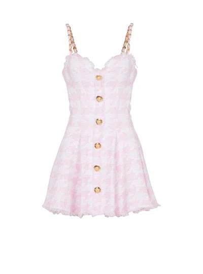 Balmain Embellished Frayed Houndstooth Cotton-blend Tweed Mini Dress In Pink