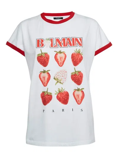 Pre-owned Balmain Strawberry-print T-shir In White