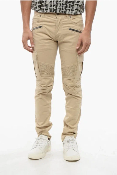 Balmain Stretch Cotton Tapered Leg Cargo Pants In Brown