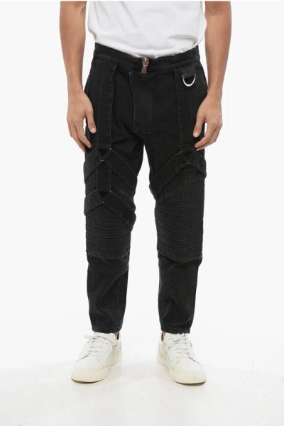 Balmain Stretch Denim Biker Jeans With Harness Details 17cm In Black