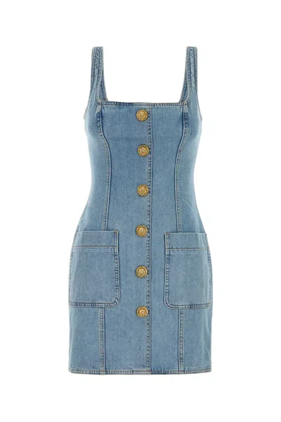 Balmain Stretch Denim Dress In Blue