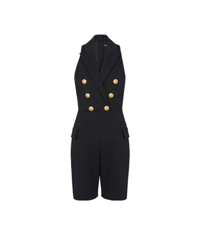 Balmain Button-embellished Stretch Cotton-blend Playsuit In Black