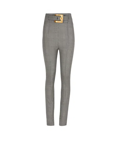 Balmain Stretch Trousers In Prince Of Wales Jacquard In Gray