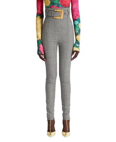 Balmain Belted Prince Of Wales Checked Wool-blend Skinny Pants In Black