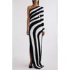 Balmain One-shoulder Striped Gown In Eab Black/ White