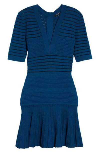 Balmain Stripe Ottoman Stitch Flounce Sweater Dress In Blue