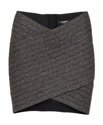 Balmain Stripe-pattern Knitted Miniskirt In Gold