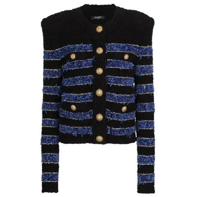 Balmain Stripe Pattern Tweed Jacket In Black