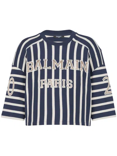 Balmain Striped Baseball T-shirt In Blue