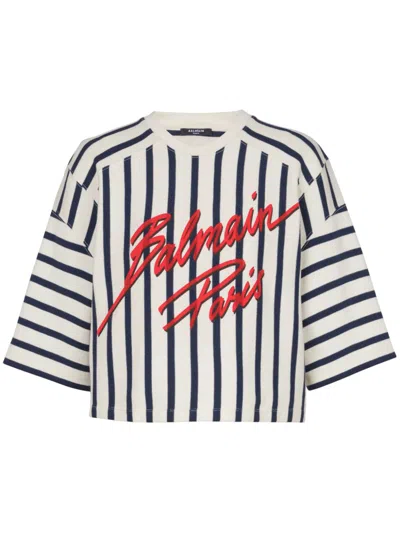 Balmain Striped Baseball T-shirt In Multicolour
