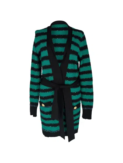 Pre-owned Balmain Striped Belted Cardigan In Green