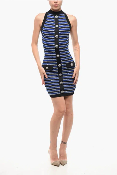 Balmain Striped Bodycon Mini Dress With Sequins In Blue