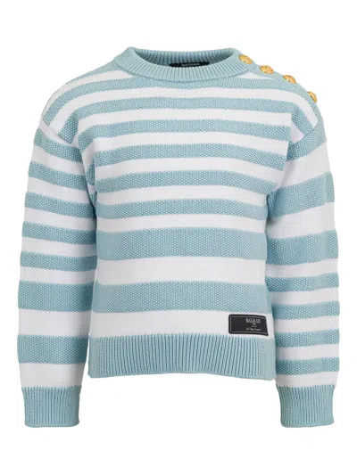 Balmain Kids' Gestreifter Pullover Mit Knopfdetail In Blue