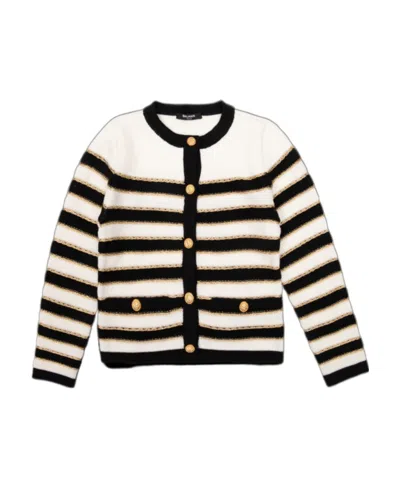 Balmain Kids' Striped Buttoned Knitted Cardigan In Gold