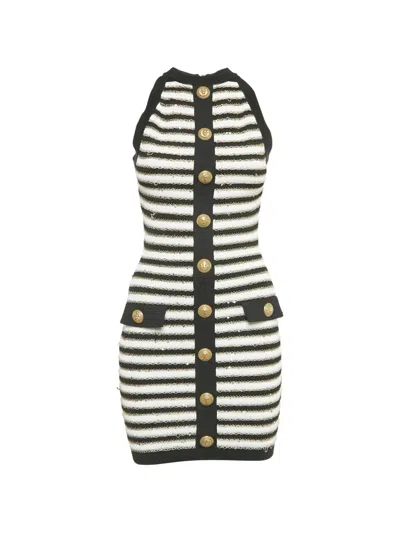 Pre-owned Balmain Striped Buttoned Mini Dress In Black