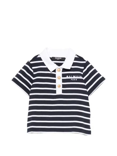 Balmain Striped Buttoned Polo Shirt In Blue