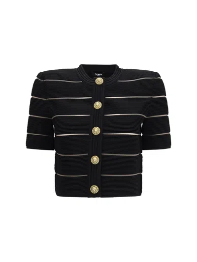 Balmain Striped Viscose Cardigan In Black