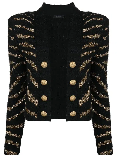 Balmain Stripe Pattern Cardigan Coat In Black