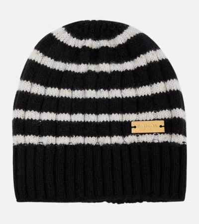 Balmain Striped Cashmere Beanie Hat In Black