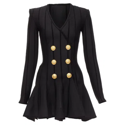 Balmain Striped Chenille Gold Lion Button Mesh Mini Dress In Black