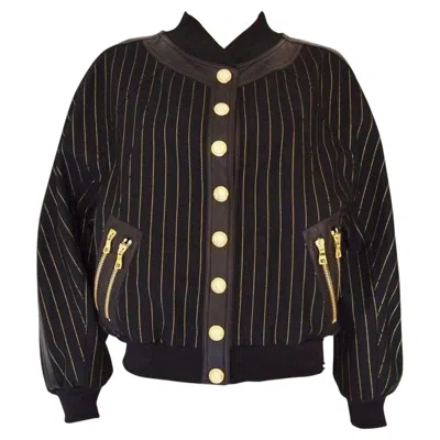 Pre-owned Balmain Striped Cotton And Leather Trim Teddy Jacket Fr40 In Black