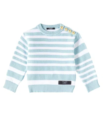 Balmain Kids' Striped Cotton Sweater In Cielo/bianco