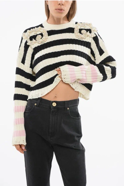 Balmain Striped Crew-neck Sweater With Decorative Beads