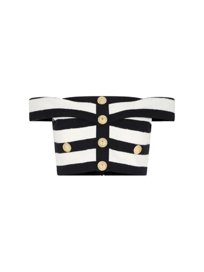 Balmain Striped Cotton Blend Off-shoulder Top In Noir Blanc