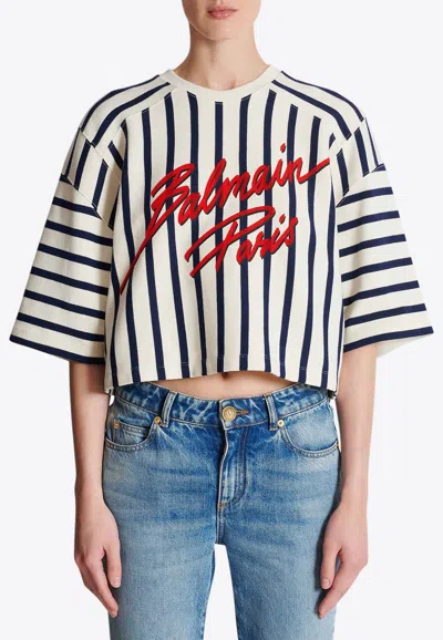 Balmain Striped Cropped Baseball T-shirt