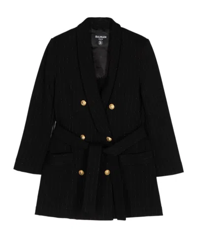 Balmain Striped Double-breasted Coat In Black