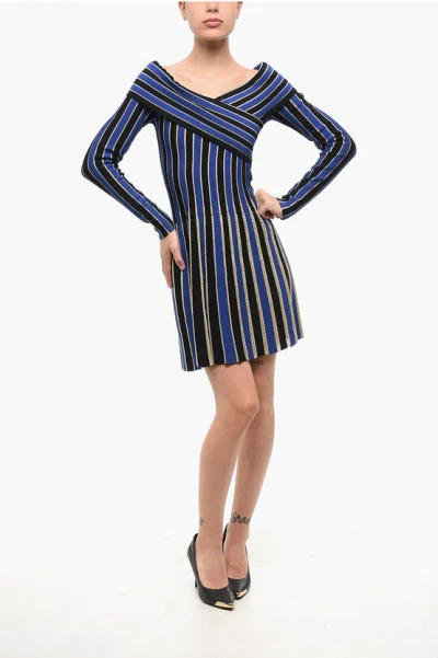 Balmain Striped Dress With Lurex Trims In Blue