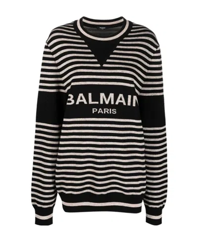 Balmain Gestreifter Intarsien-pullover In Black