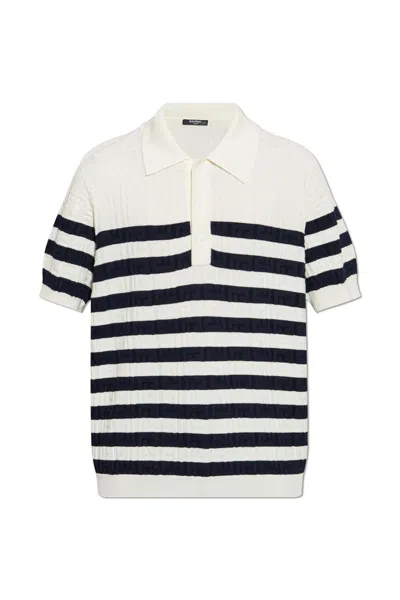 Balmain Striped Knit Polo Shirt With Monogram In Multi