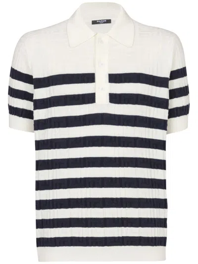 Balmain Striped Knit Polo Shirt With Monogram In Multi