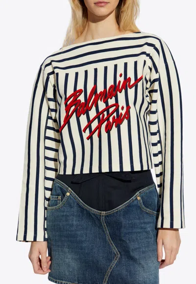 Balmain Striped Logo Baseball Long-sleeved Top In Cream