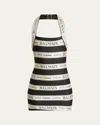 Balmain Striped Halterneck Jacquard Minidress In Blk Beige