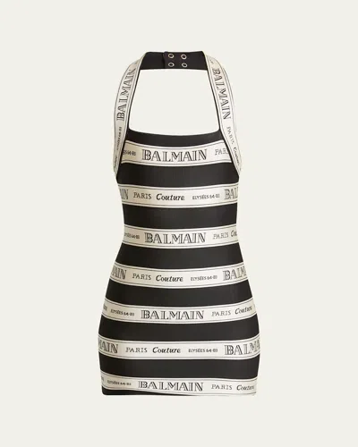 BALMAIN STRIPED LOGO HALTER MINI DRESS